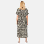 TAMSY 100% Viscose Printed Dress with Elastic At Waist (One Size Curve) - Beige - Black