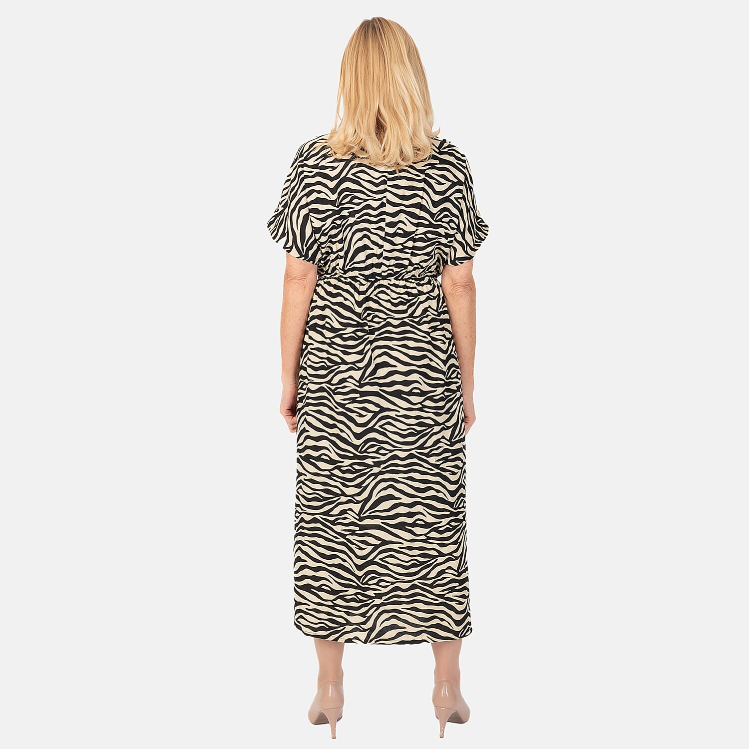 TAMSY 100% Viscose Printed Dress with Elastic At Waist (One Size Curve) - Beige - Black