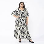 TAMSY 100% Viscose Floral Printed Dress with Elastic at Waist (One Size Curve) - Black
