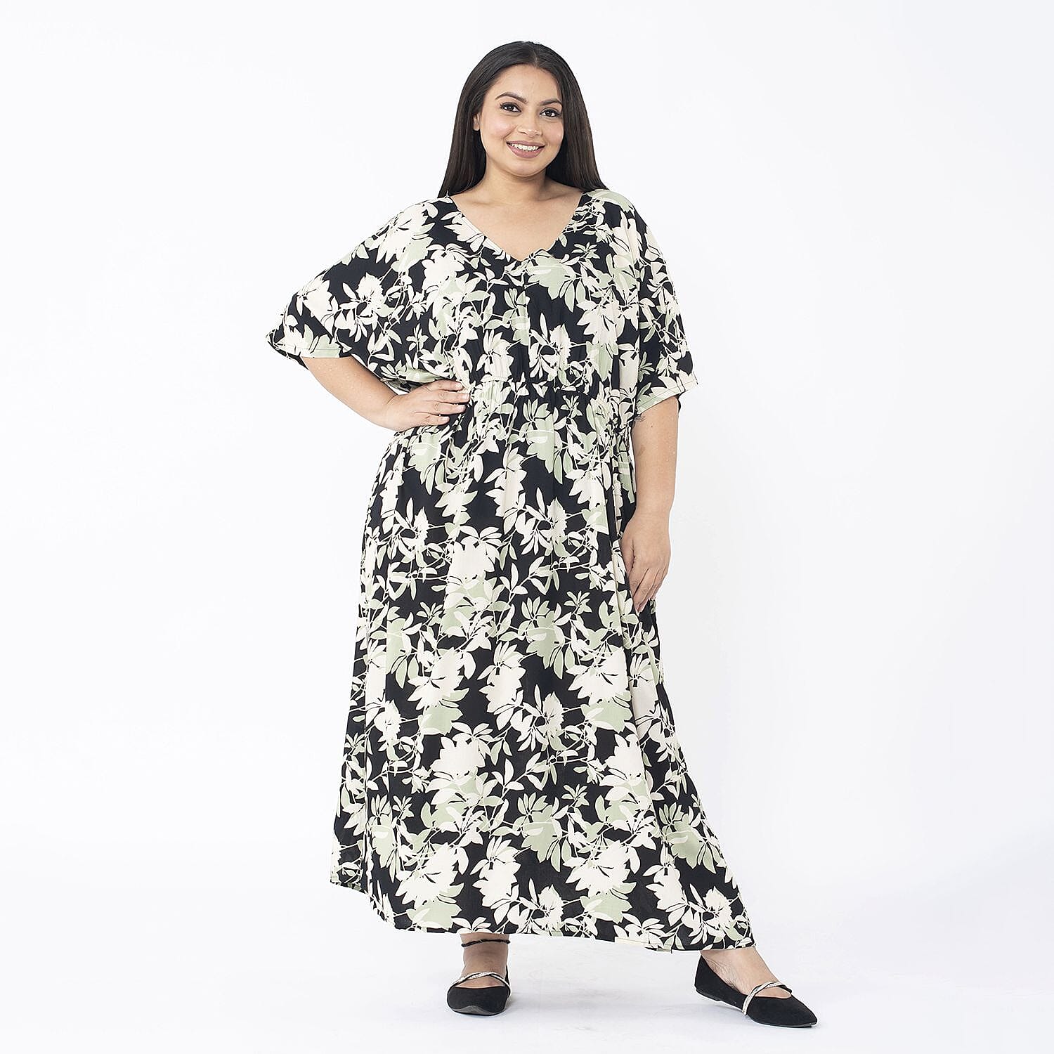 TAMSY 100% Viscose Floral Printed Dress with Elastic at Waist (One Size Curve) - Black