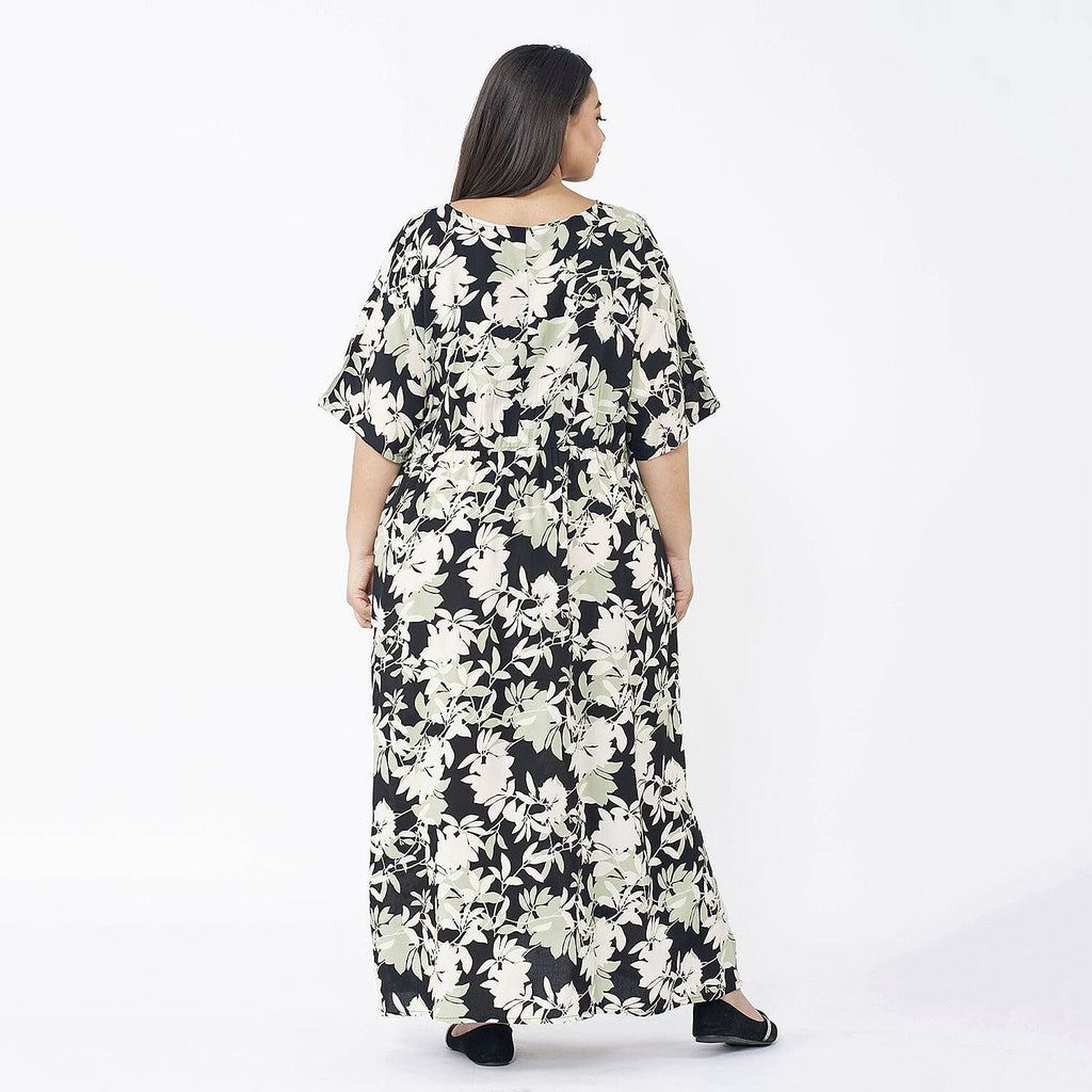 TAMSY 100% Viscose Floral Printed Dress with Elastic at Waist (One Size Curve) - Black