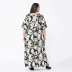 TAMSY 100% Viscose Floral Printed Dress with Elastic at Waist (One Size Curve) - Black