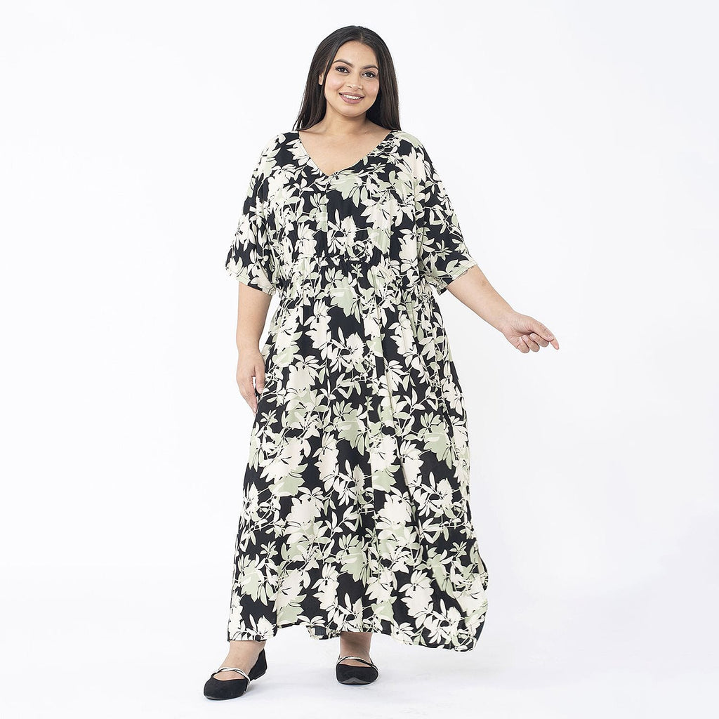 TAMSY 100% Viscose Floral Printed Dress with Elastic at Waist (One Size Curve) - Black