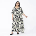 TAMSY 100% Viscose Floral Printed Dress with Elastic at Waist (One Size Curve) - Black