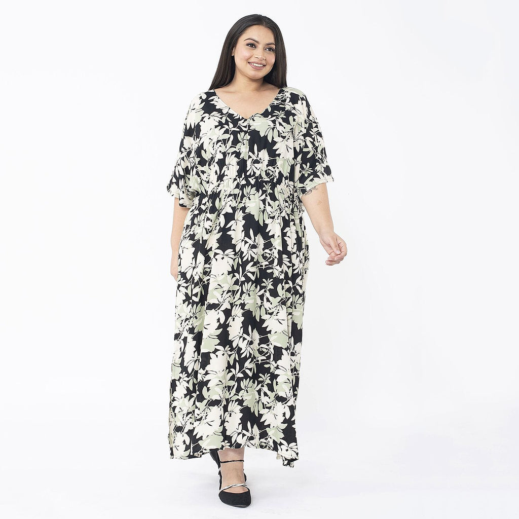 TAMSY 100% Viscose Floral Printed Dress with Elastic at Waist (One Size Curve) - Black