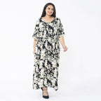 TAMSY 100% Viscose Floral Printed Dress with Elastic at Waist (One Size Curve) - Black