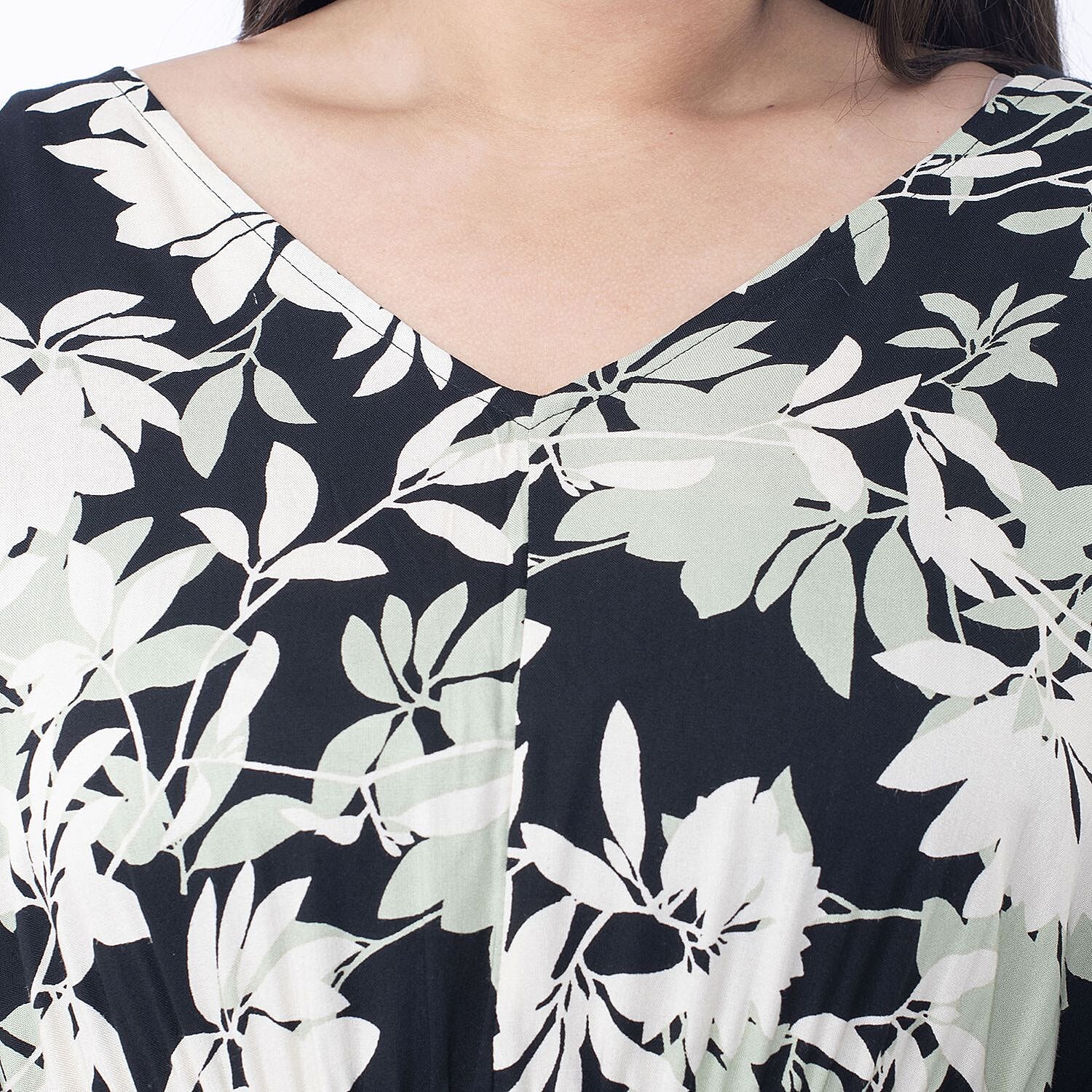 TAMSY 100% Viscose Floral Printed Dress with Elastic at Waist (One Size Curve) - Black