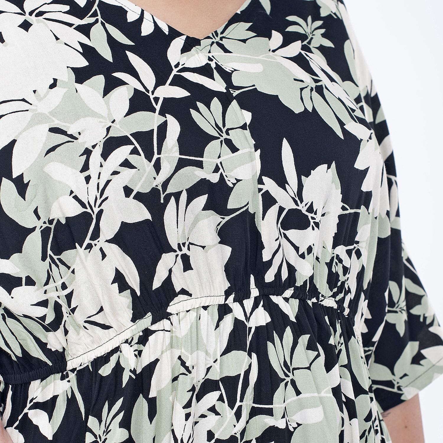 TAMSY 100% Viscose Floral Printed Dress with Elastic at Waist (One Size Curve) - Black