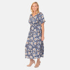 TAMSY 100% Viscose Printed Dress with Elastic At Waist  (One Size Curve) - Grey - Off White