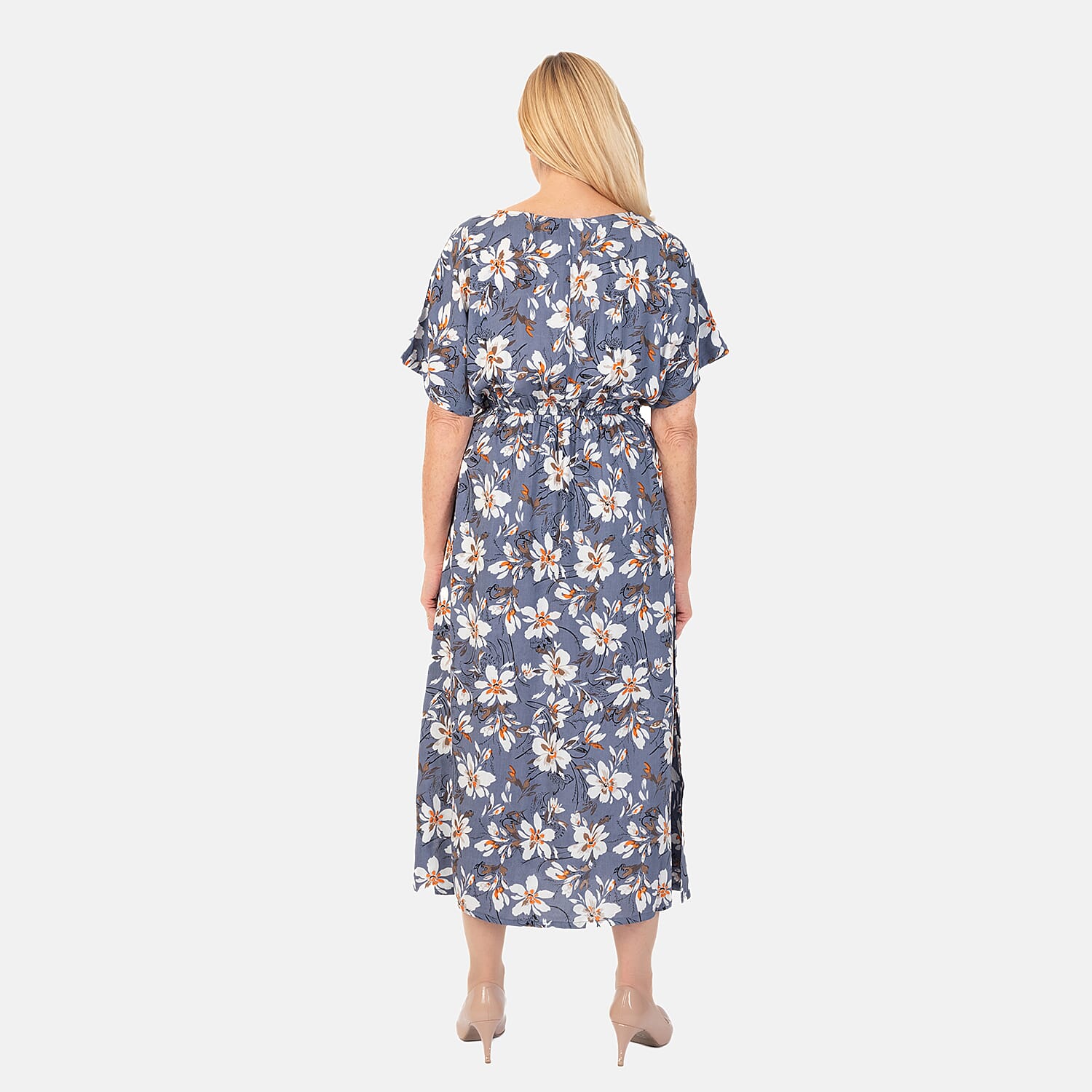 TAMSY 100% Viscose Printed Dress with Elastic At Waist  (One Size Curve) - Grey - Off White
