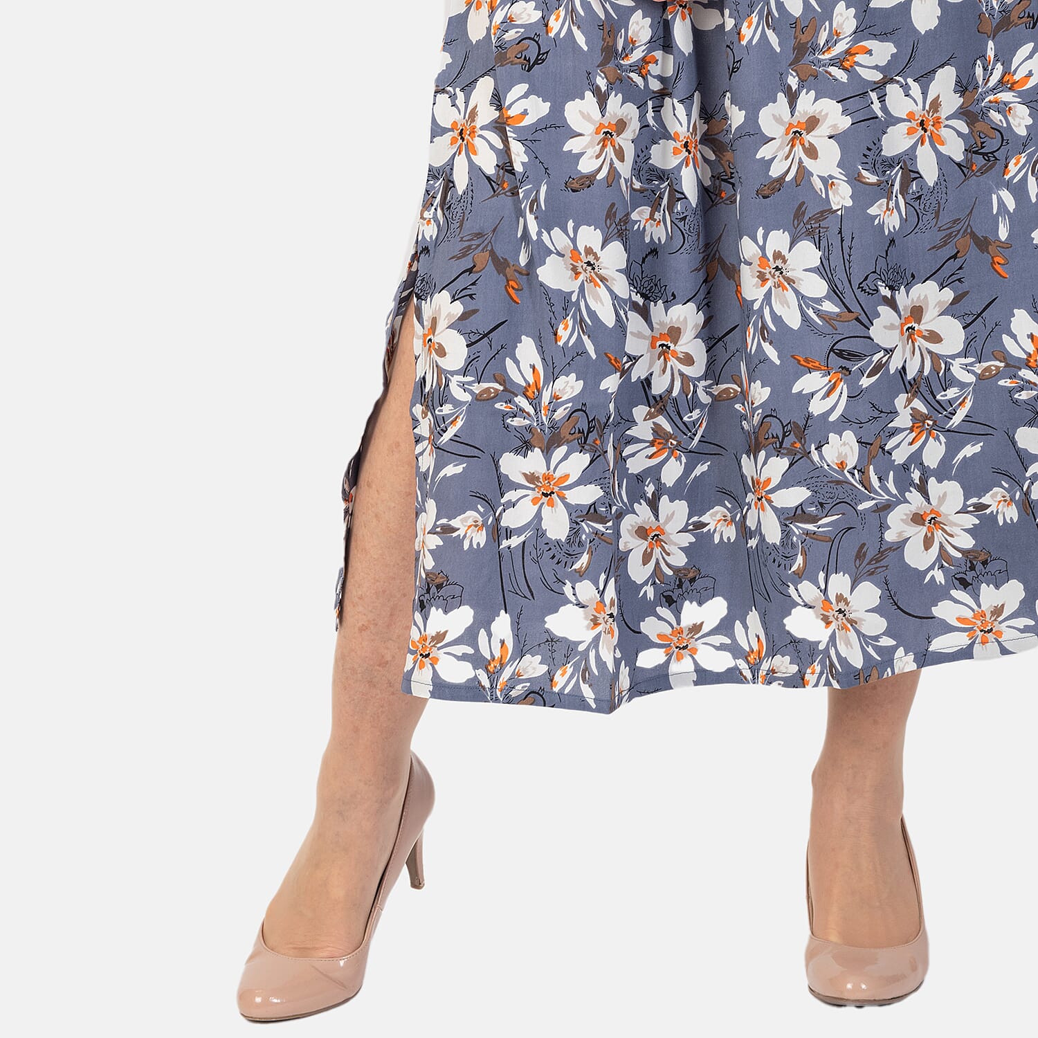 TAMSY 100% Viscose Printed Dress with Elastic At Waist  (One Size Curve) - Grey - Off White