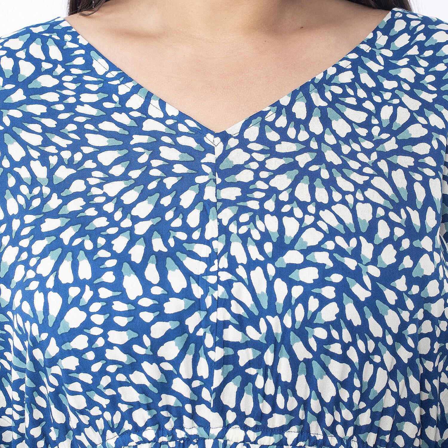 TAMSY 100% Viscose Floral Printed Dress with Elastic at Waist (One Size Curve) - Teal