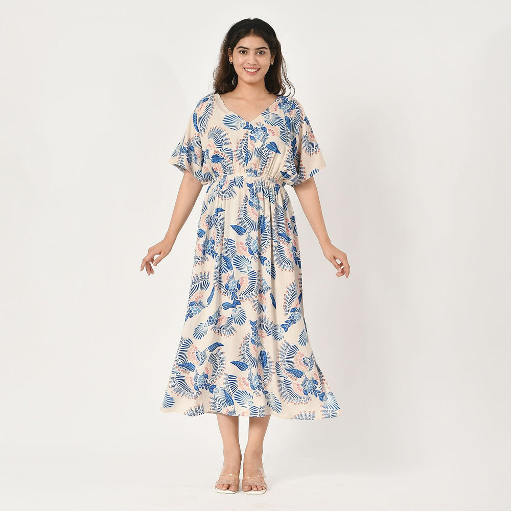 Tamsy Viscose Printed Dress (Size 128x1 cm) - Ecru & Black