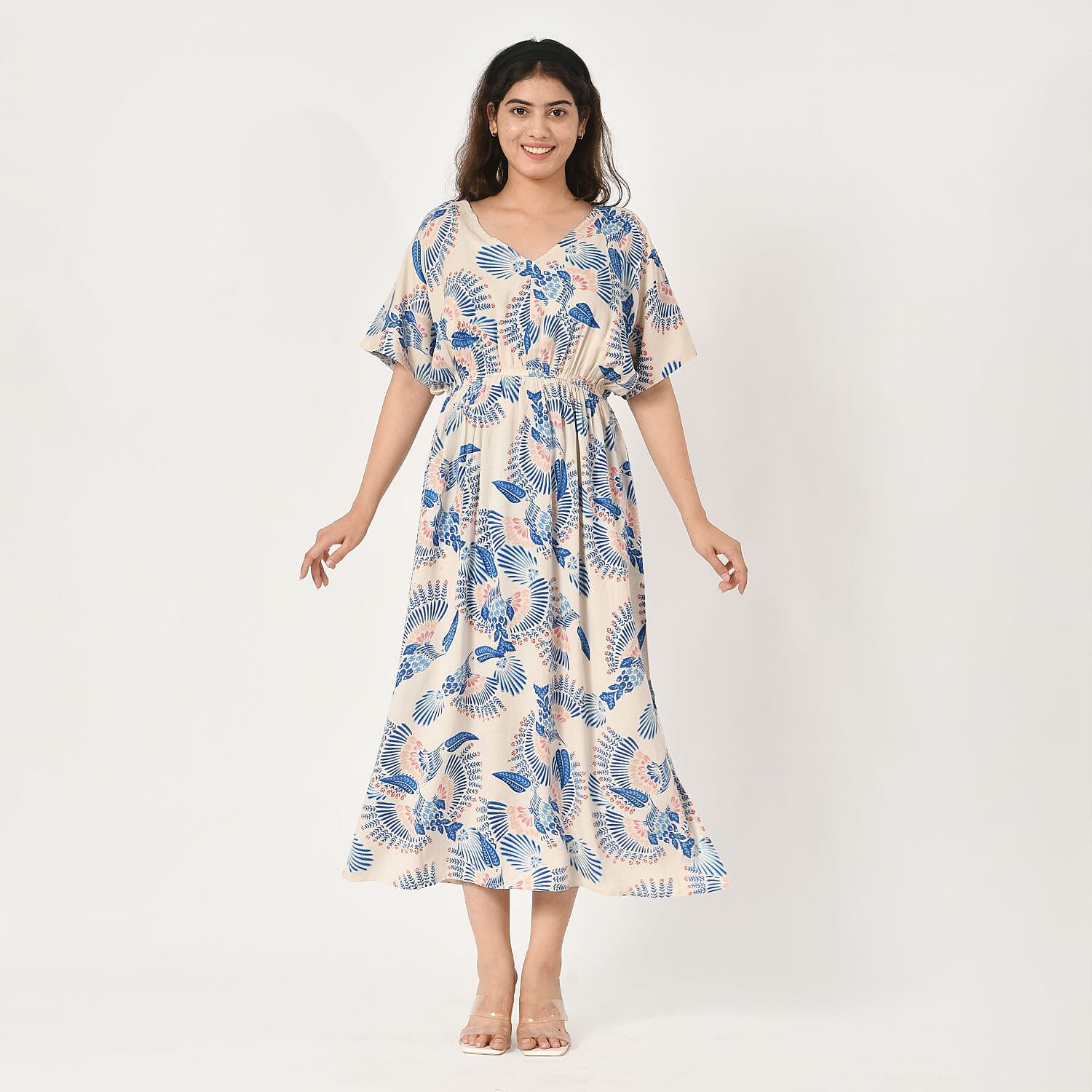 Tamsy Viscose Printed Dress (Size 128x1 cm) - Ecru & Black