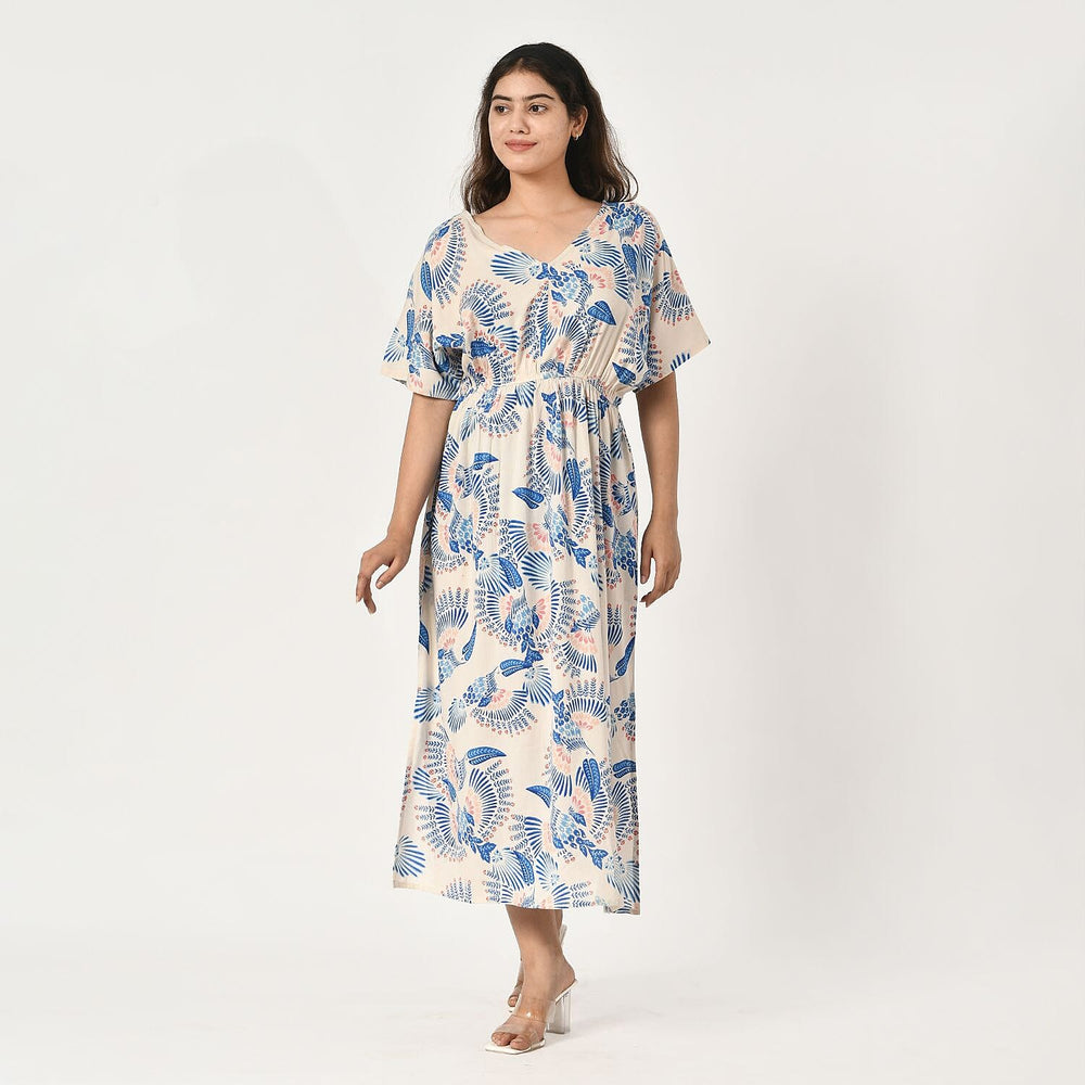 Tamsy Viscose Printed Dress (Size 128x1 cm) - Ecru & Black