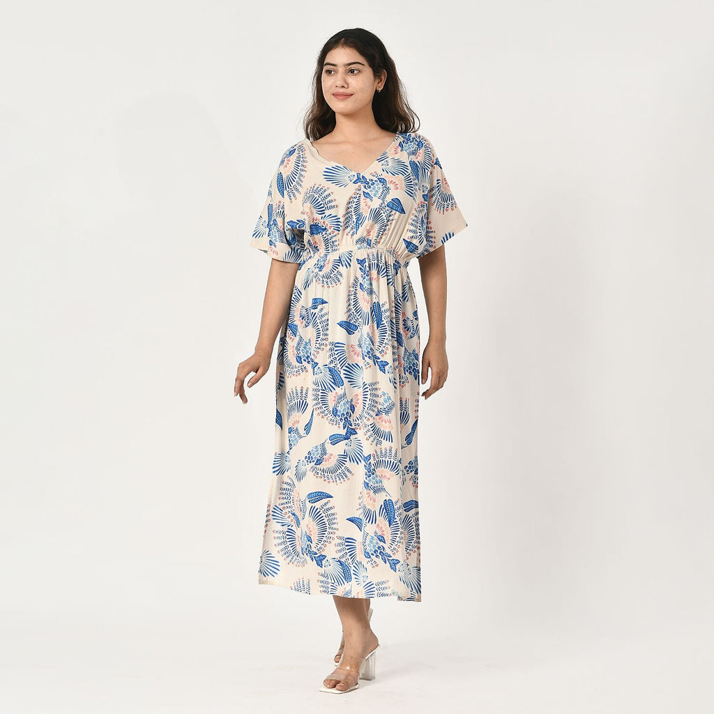 Tamsy Viscose Printed Dress (Size 128x1 cm) - Ecru & Black
