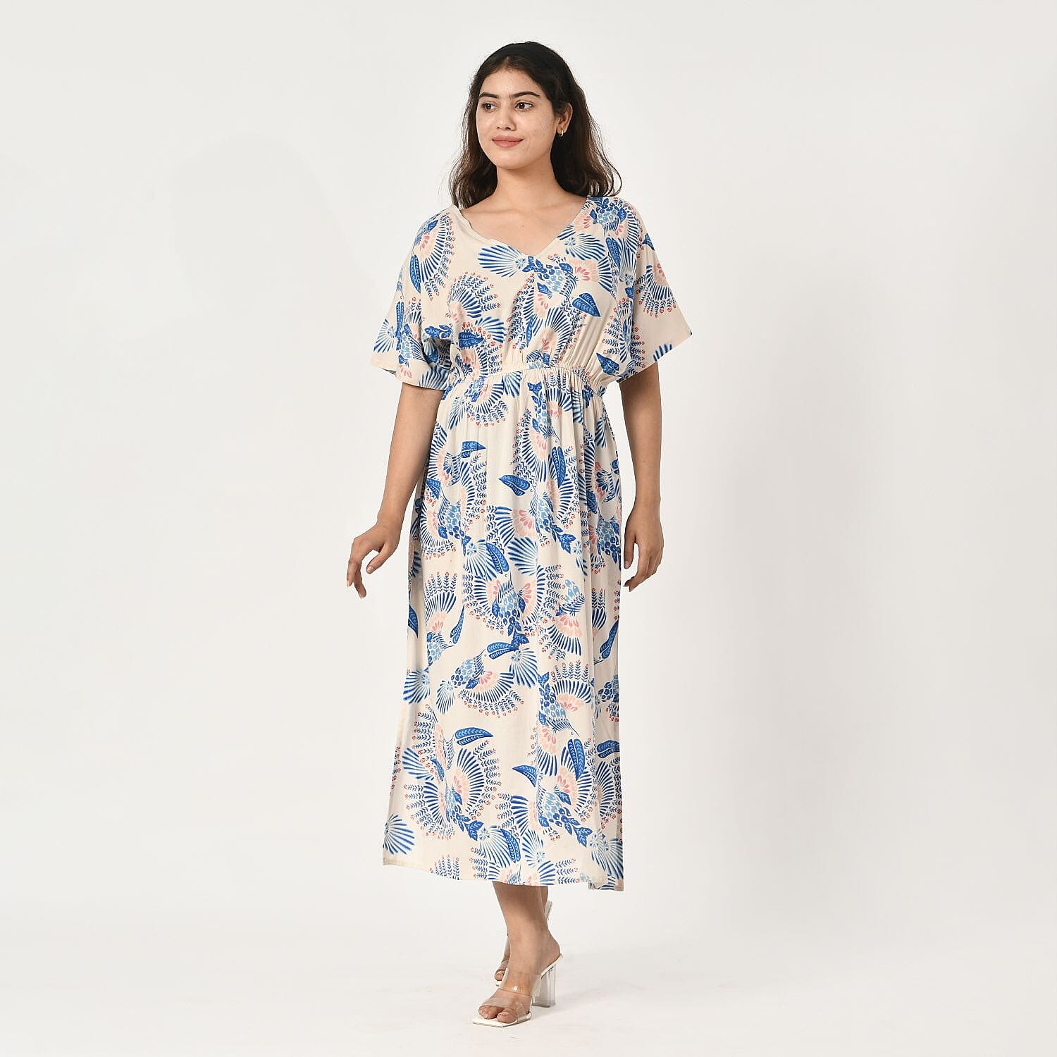 Tamsy Viscose Printed Dress (Size 128x1 cm) - Ecru & Black