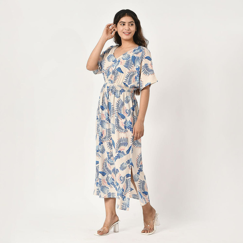 Tamsy Viscose Printed Dress (Size 128x1 cm) - Ecru & Black