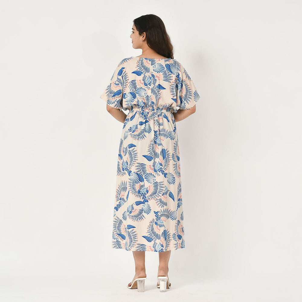 Tamsy Viscose Printed Dress (Size 128x1 cm) - Ecru & Black