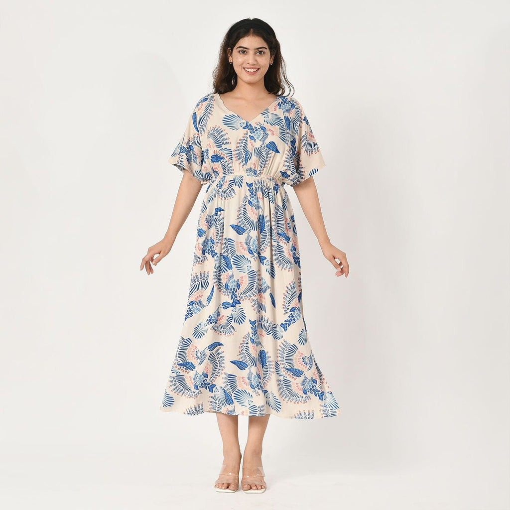 Tamsy Viscose Printed Dress (Size 130x1 cm) - Ecru & Black