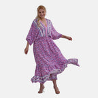 100%Viscose Placement Print Boho Midi Dress (One Size 8 -18) - Purple