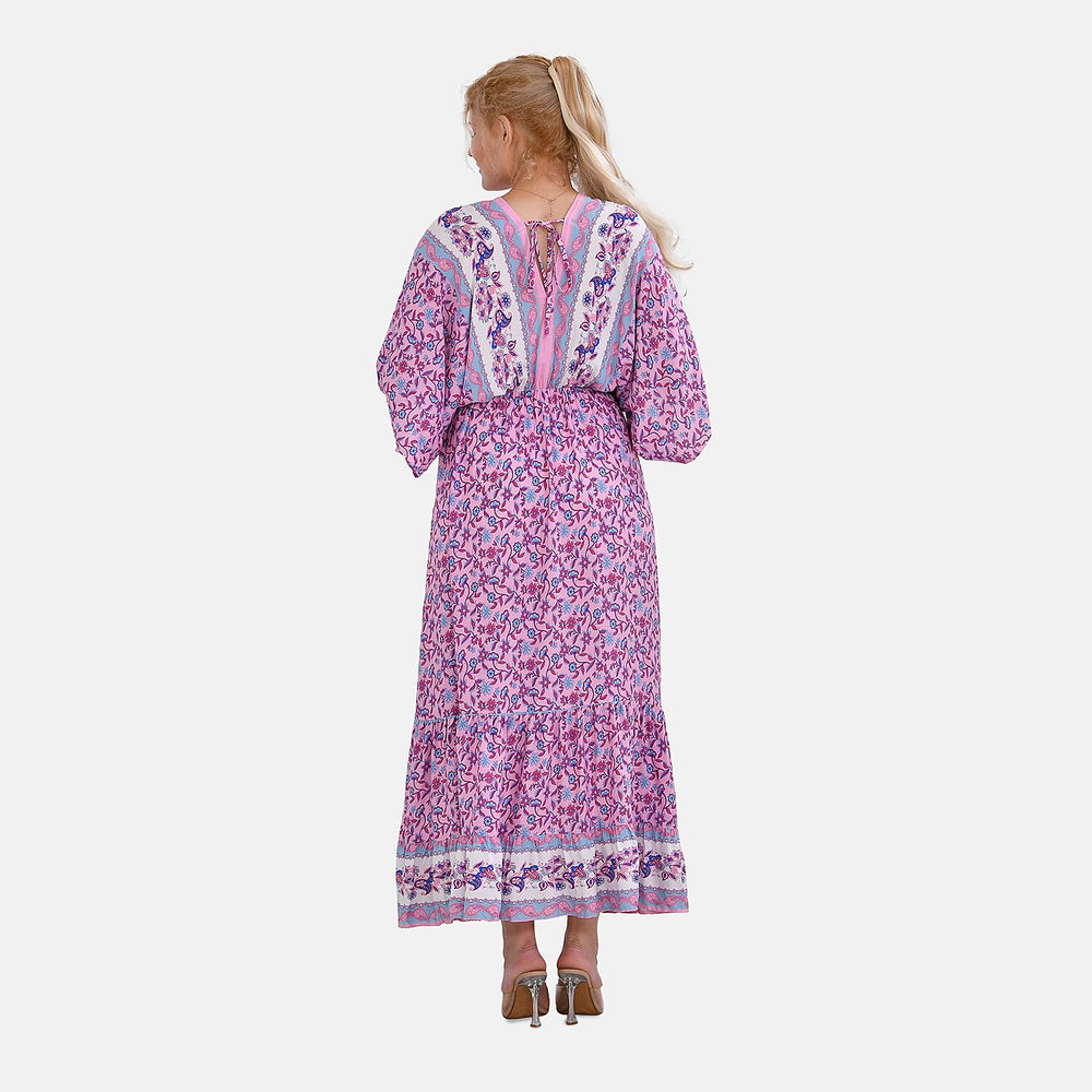 100%Viscose Placement Print Boho Midi Dress (One Size 8 -18) - Purple