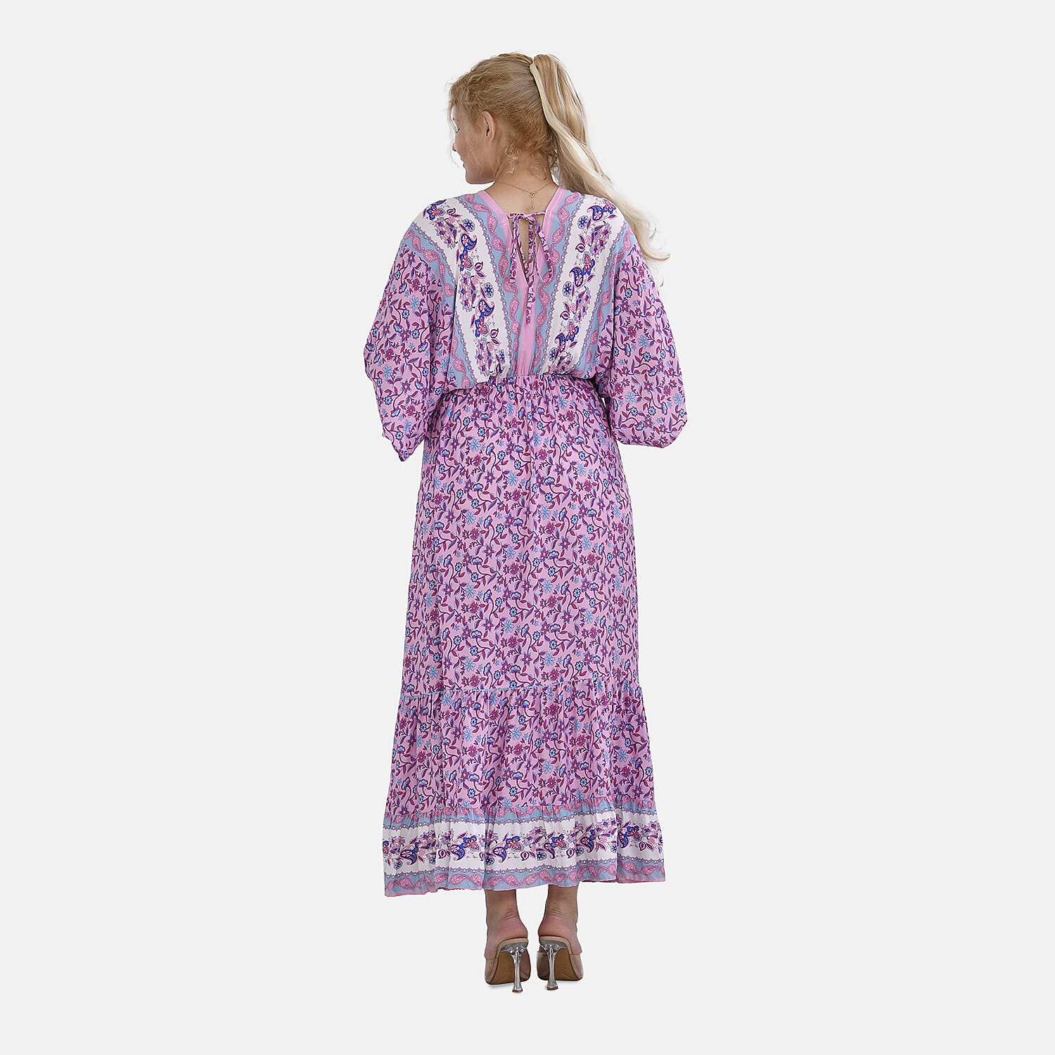 100%Viscose Placement Print Boho Midi Dress (One Size 8 -18) - Purple