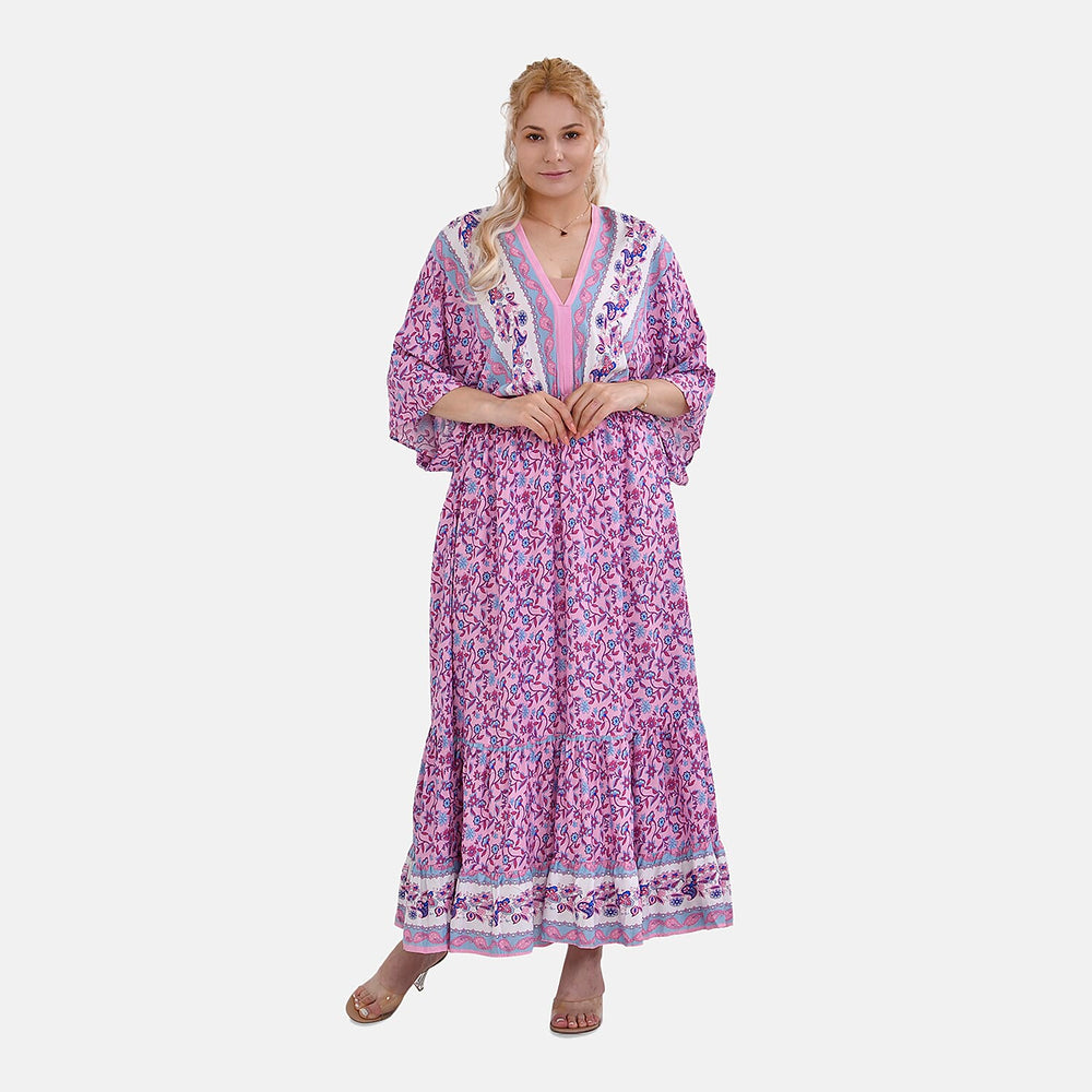 100%Viscose Placement Print Boho Midi Dress (One Size 8 -18) - Purple