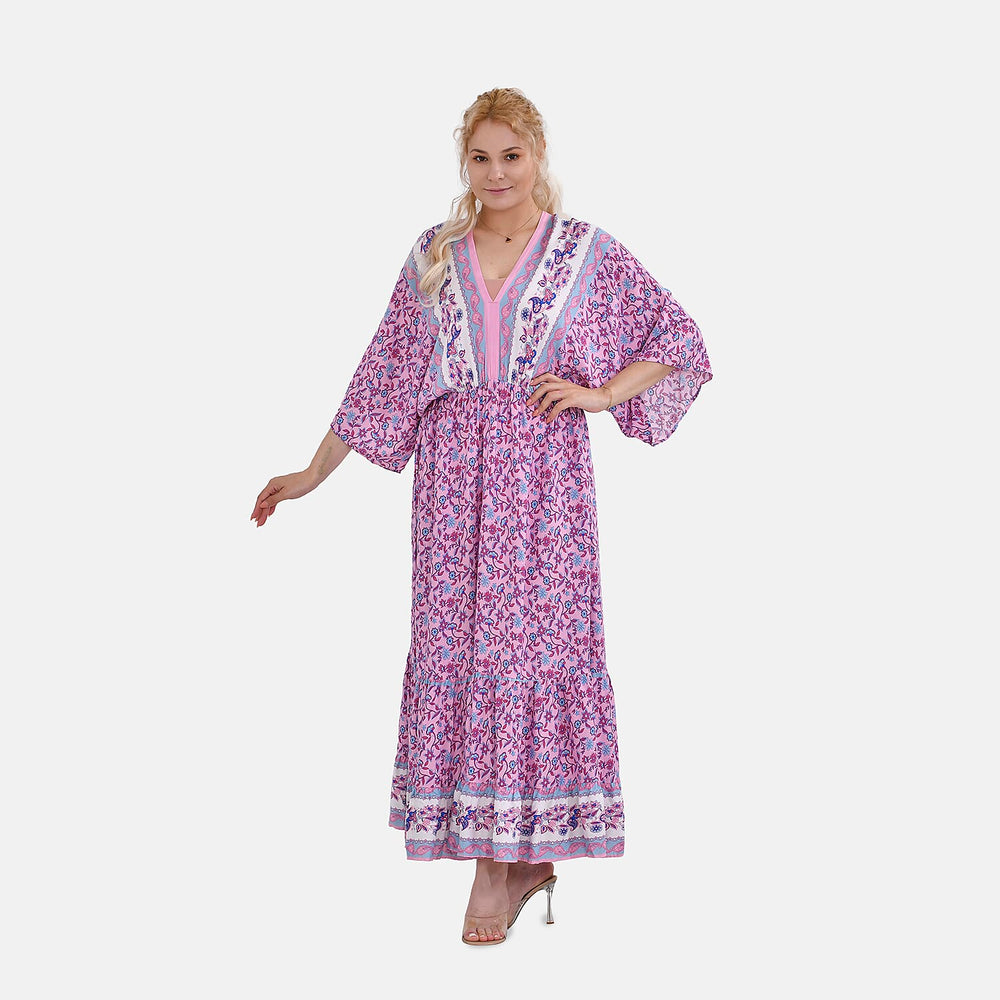 100%Viscose Placement Print Boho Midi Dress (One Size 8 -18) - Purple
