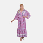 100%Viscose Placement Print Boho Midi Dress (One Size 8 -18) - Purple