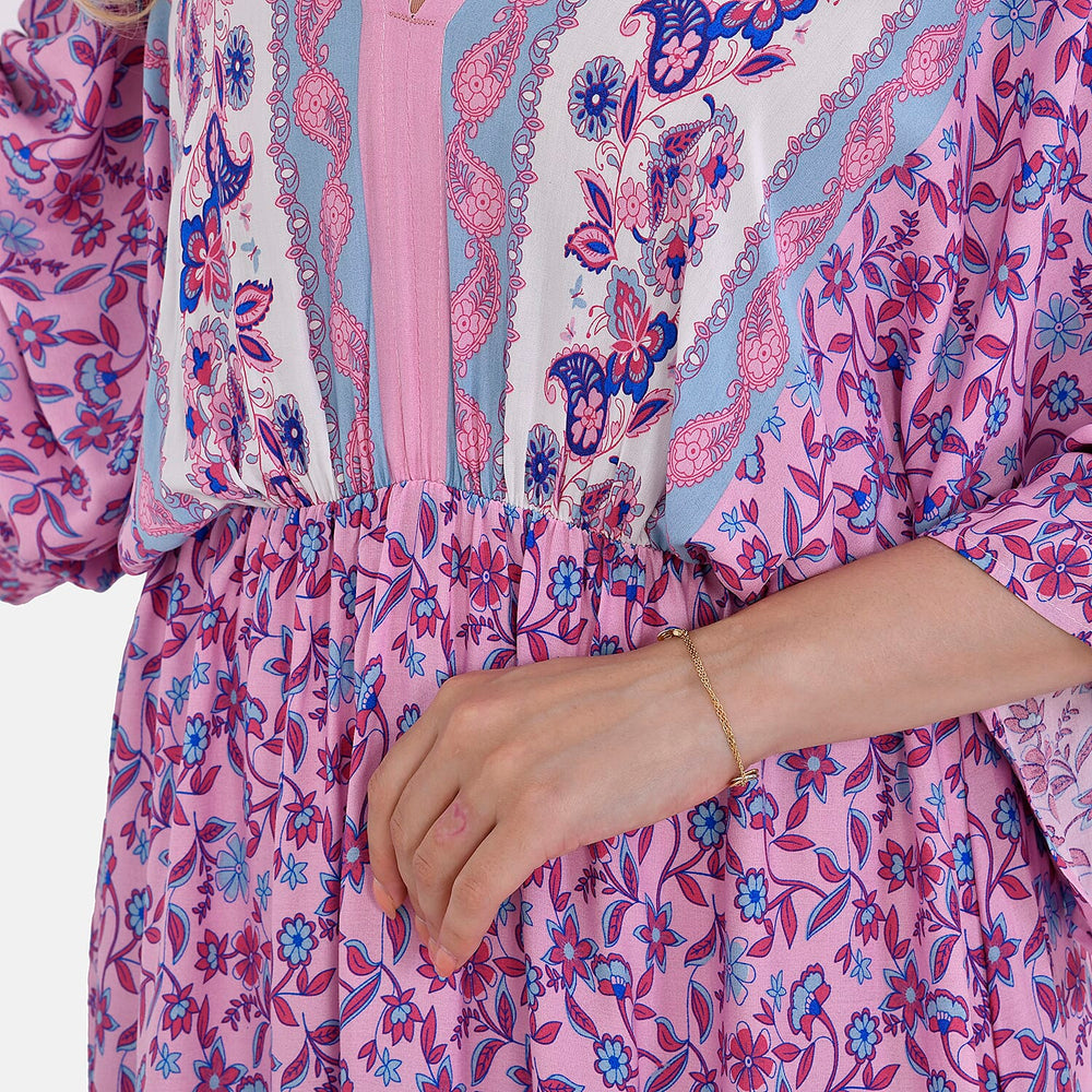 100%Viscose Placement Print Boho Midi Dress (One Size 8 -18) - Purple