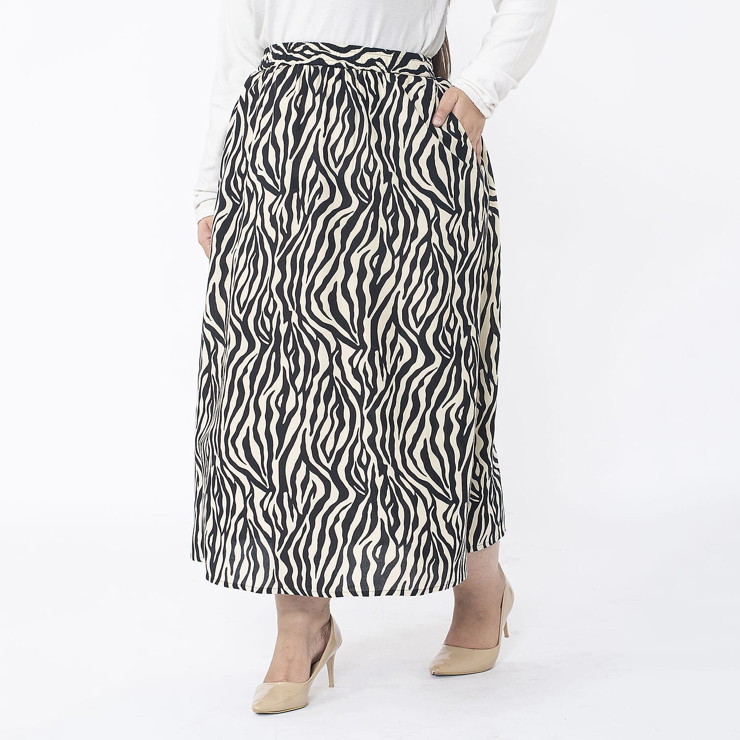 TAMSY 100% Viscose Printed Skirt with Elastic on Waist (Size L) - Teal