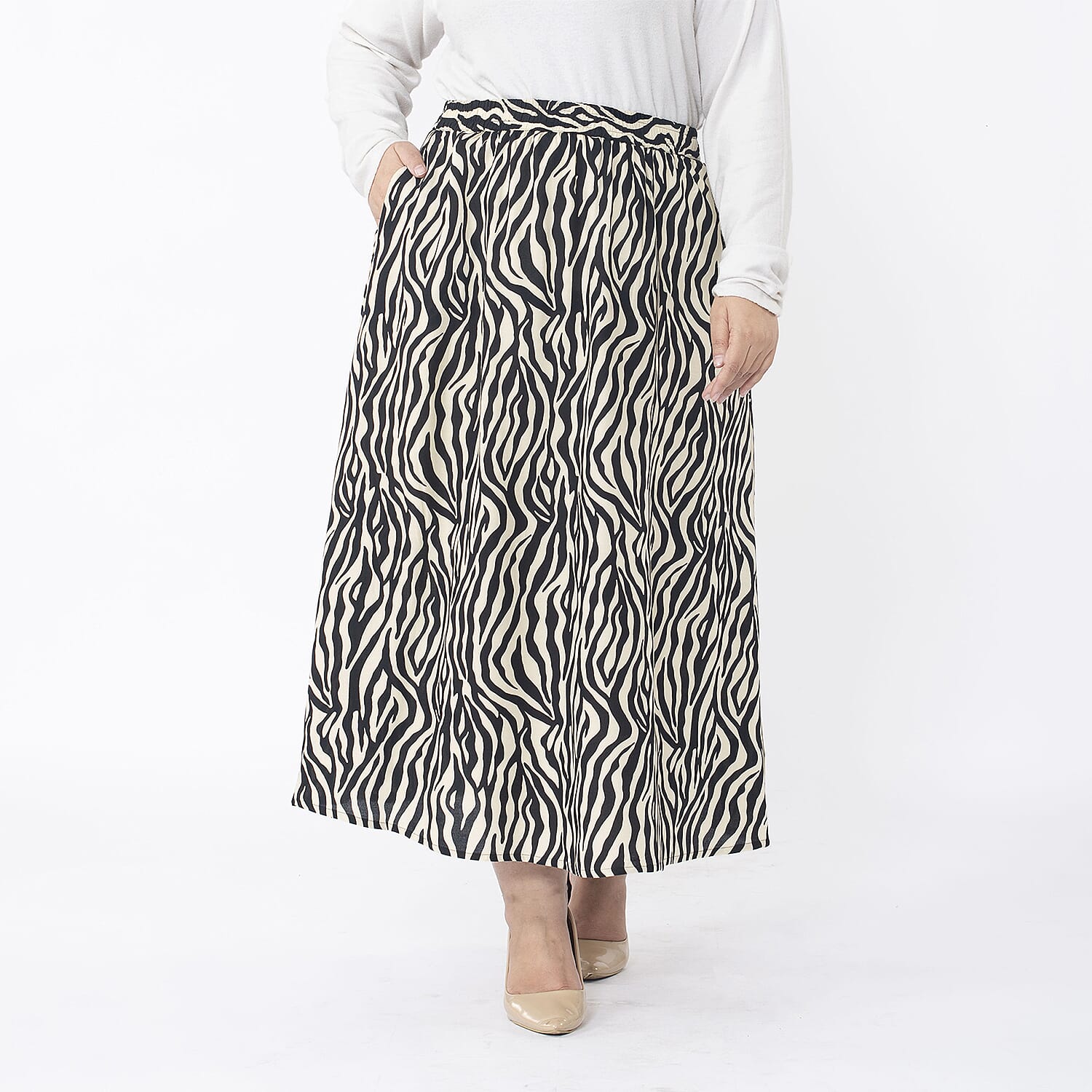 TAMSY 100% Viscose Printed Skirt with Elastic on Waist (Size L) - Teal