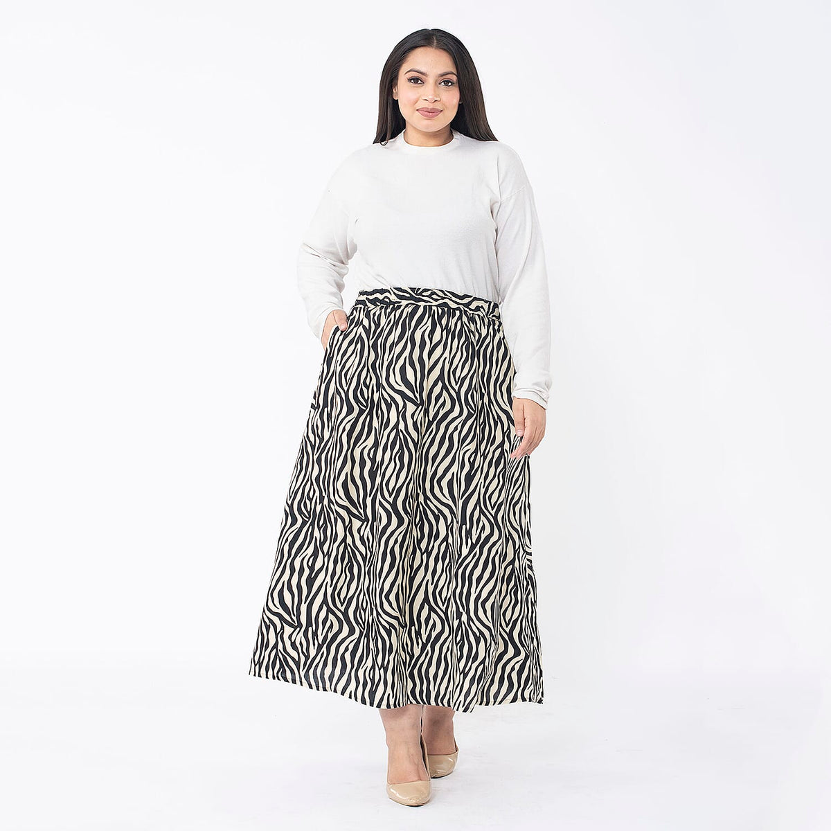 TAMSY 100% Viscose Printed Skirt with Elastic on Waist (Size L) - Teal