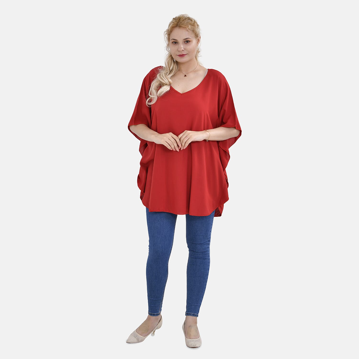 TAMSY 100% Viscose Printed V-Neck Top (One Size) - Red