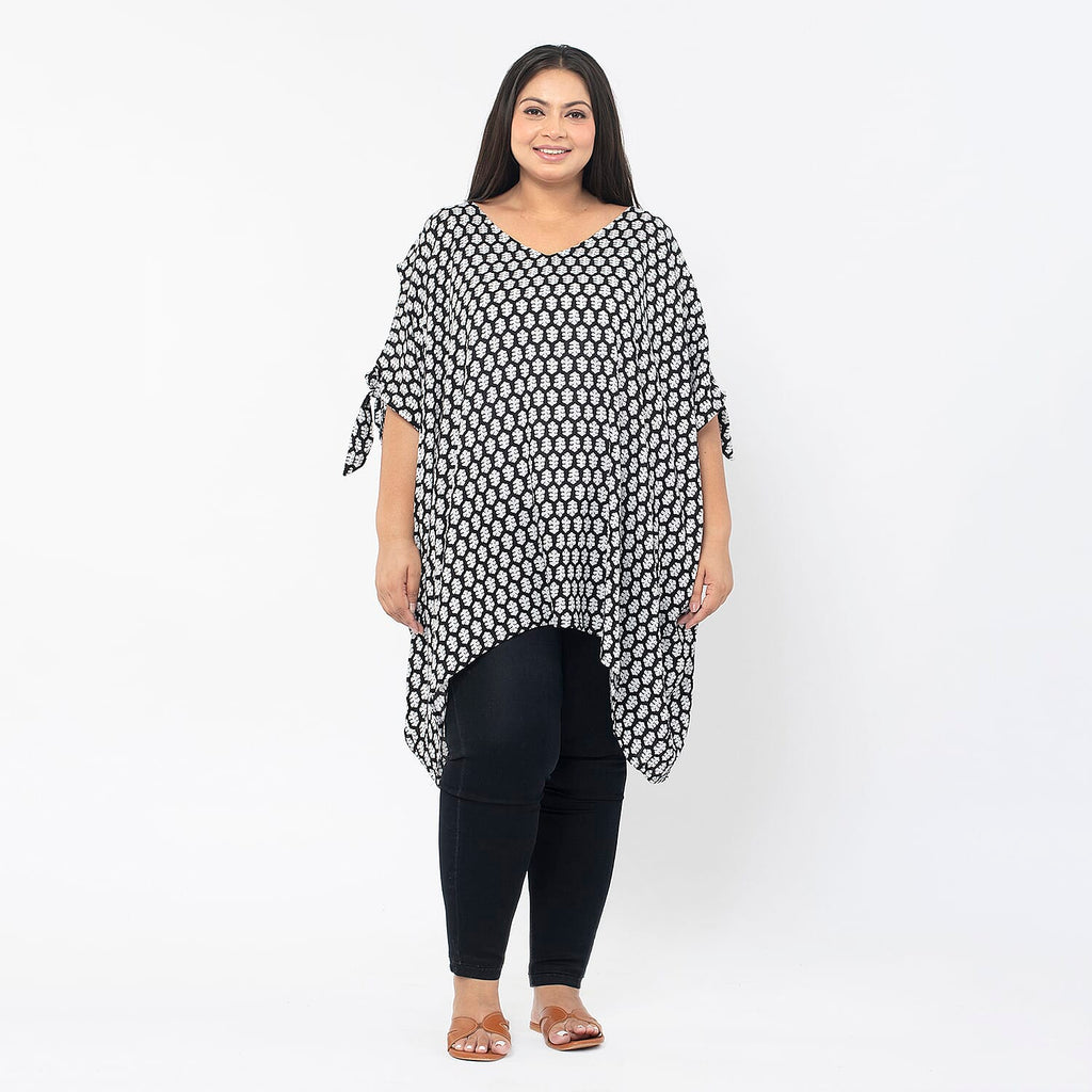 Tamsy 100% Viscose Cold Shoulder Longline Top (One Size Curve,20-26) - Black - Off White