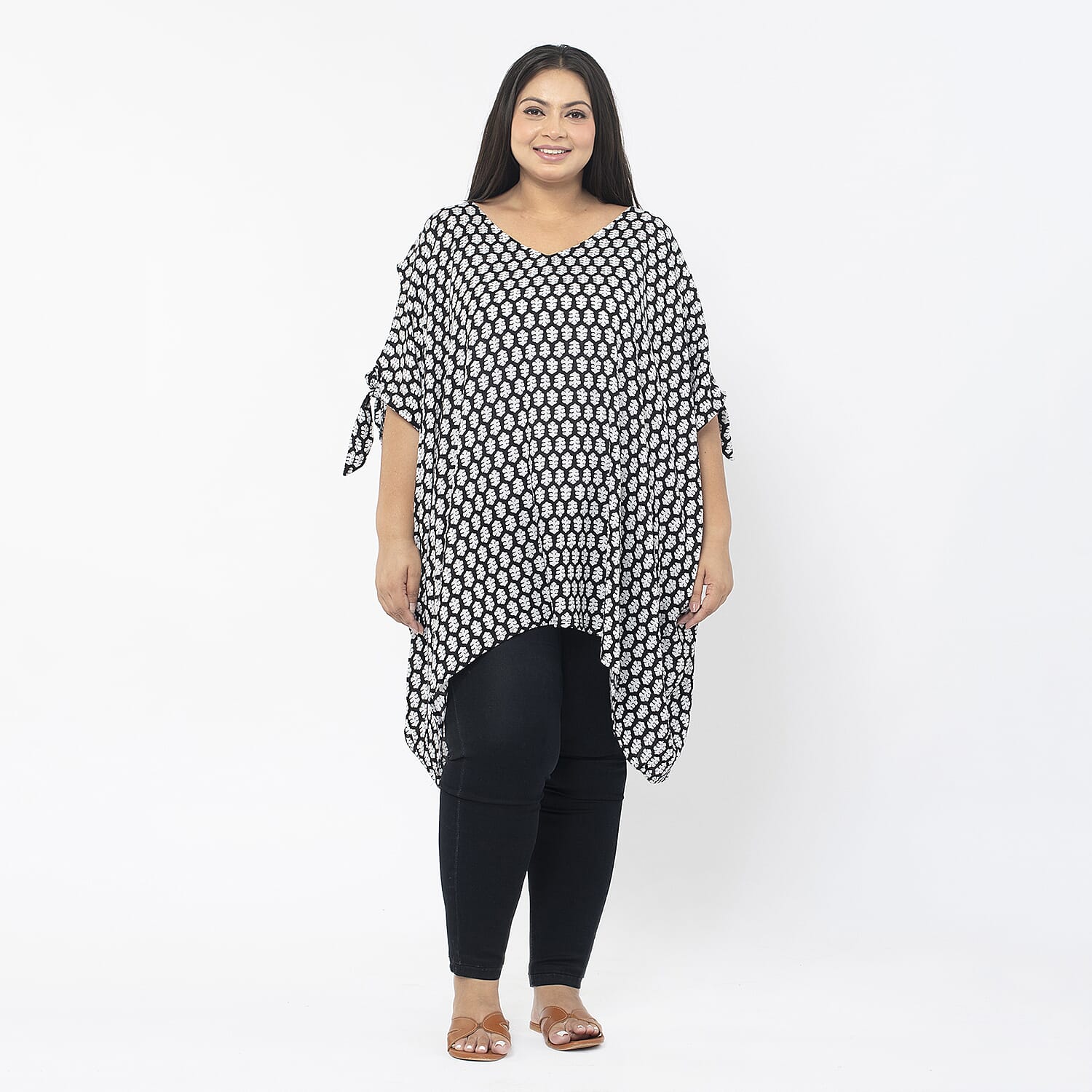 Tamsy 100% Viscose Cold Shoulder Longline Top (One Size Curve,20-26) - Black - Off White