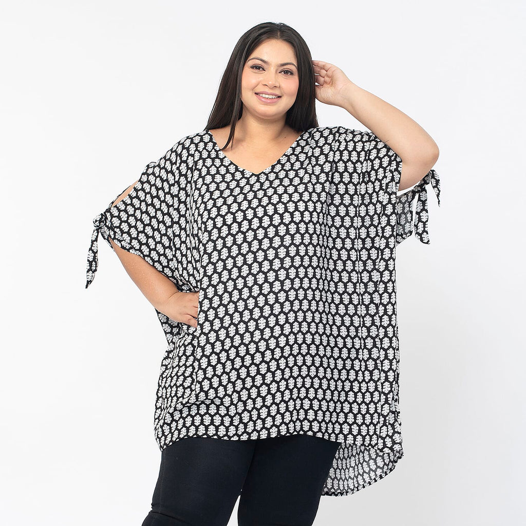 Tamsy 100% Viscose Cold Shoulder Longline Top (One Size Curve,20-26) - Black - Off White