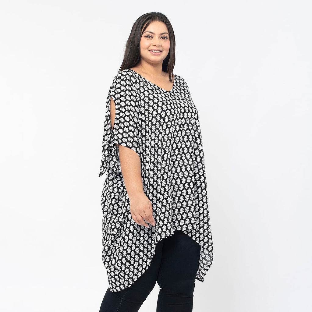 Tamsy 100% Viscose Cold Shoulder Longline Top (One Size Curve,20-26) - Black - Off White