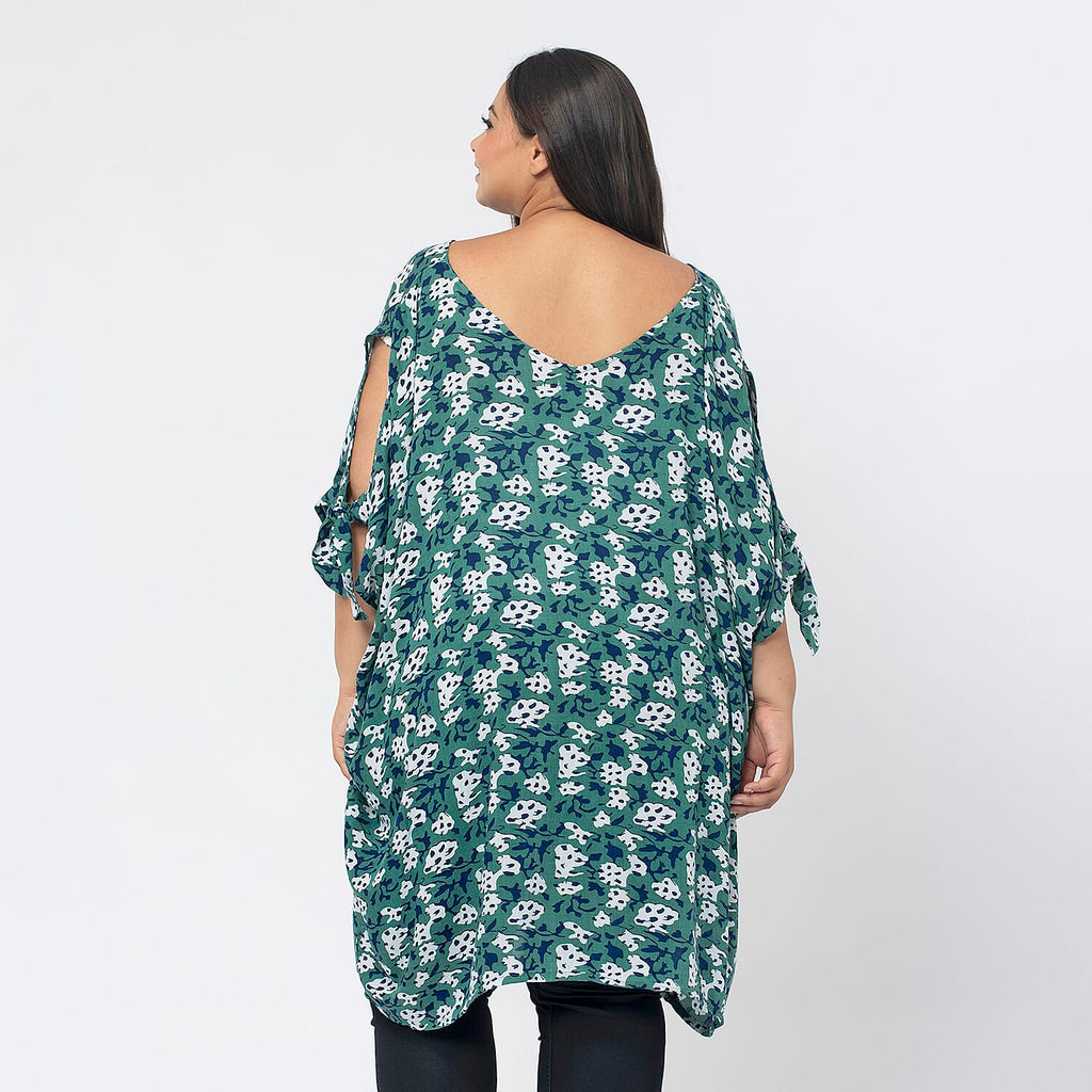 Tamsy 100% Viscose Cold Shoulder Longline Top (One Size,8-18) - Green and Navy