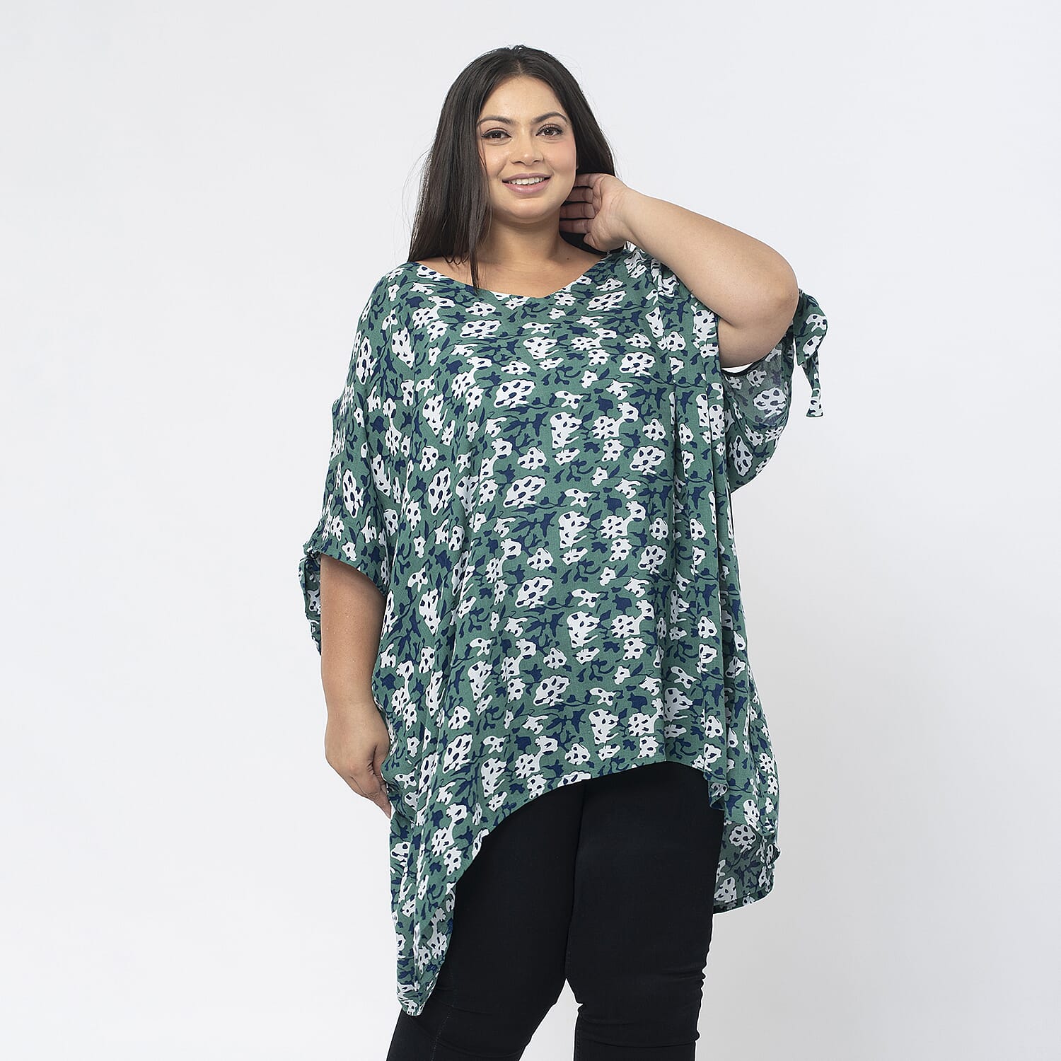 Tamsy 100% Viscose Cold Shoulder Longline Top (One Size,8-18) - Green and Navy