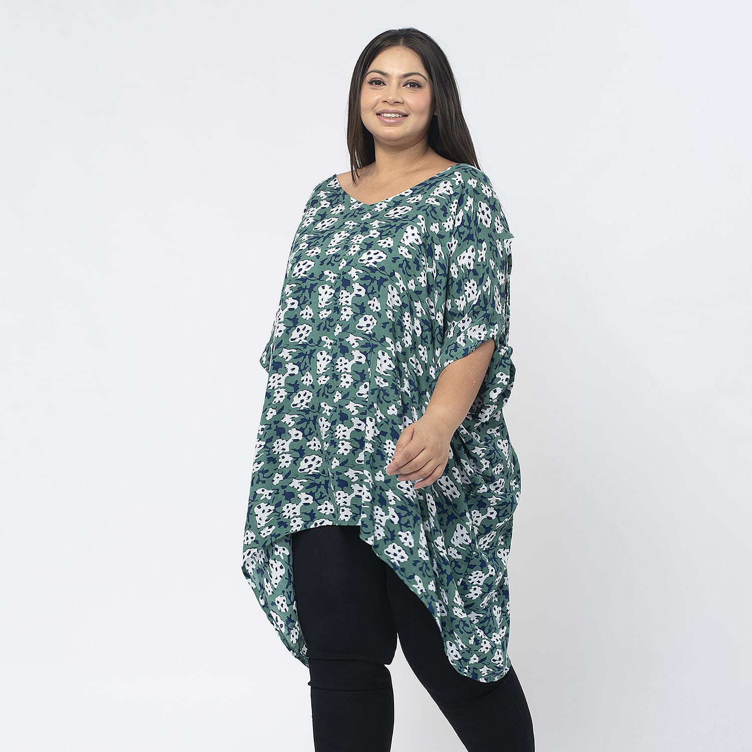 Tamsy 100% Viscose Cold Shoulder Longline Top (One Size,8-18) - Green and Navy