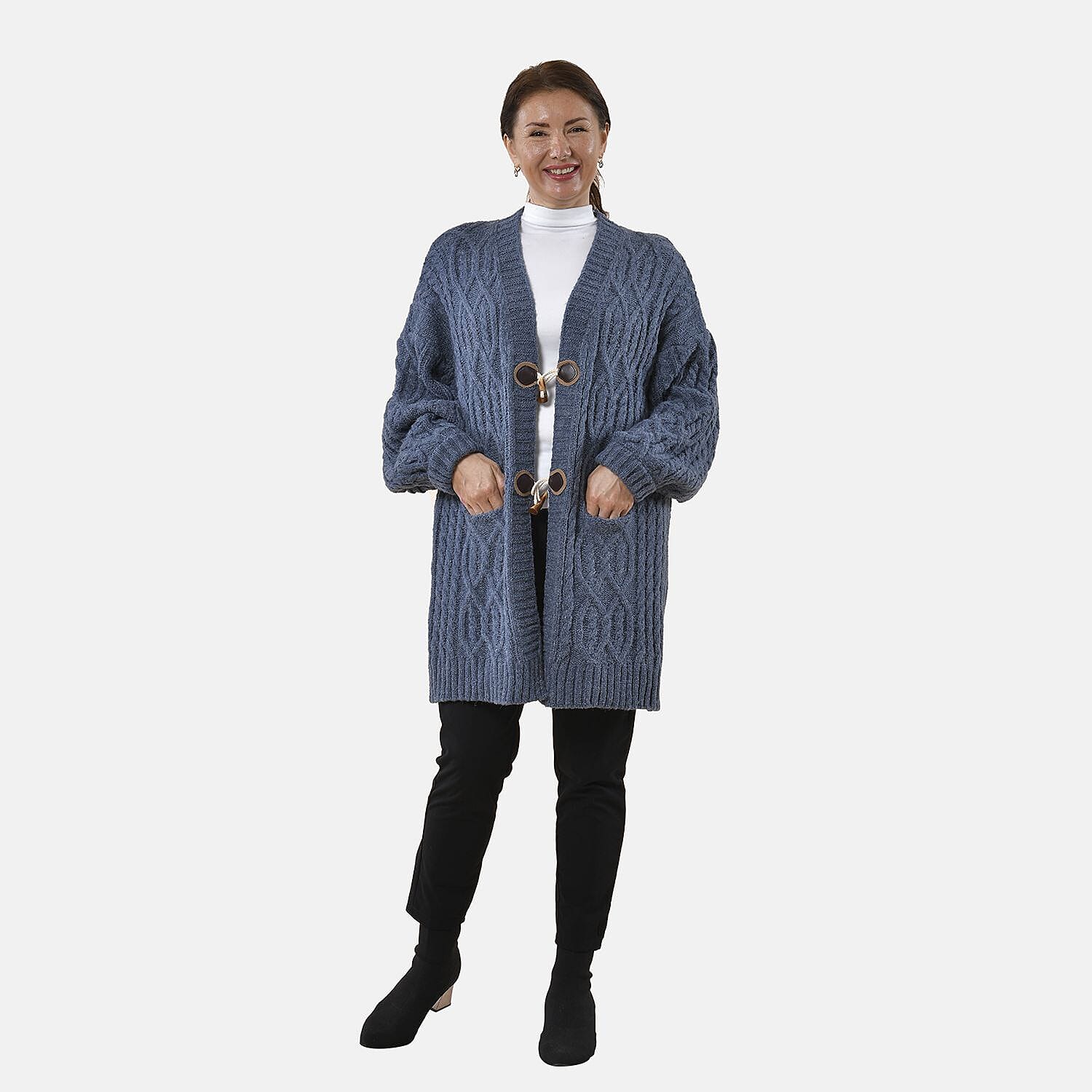 TAMSY Long Cardigan with Buttons (Size 8-22) - Blue
