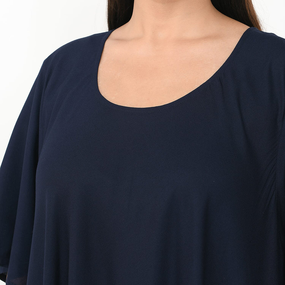 TAMSY 100% Viscose Umbrella Style Round Neck Dress with Sleeve (One Size) - Sapphire