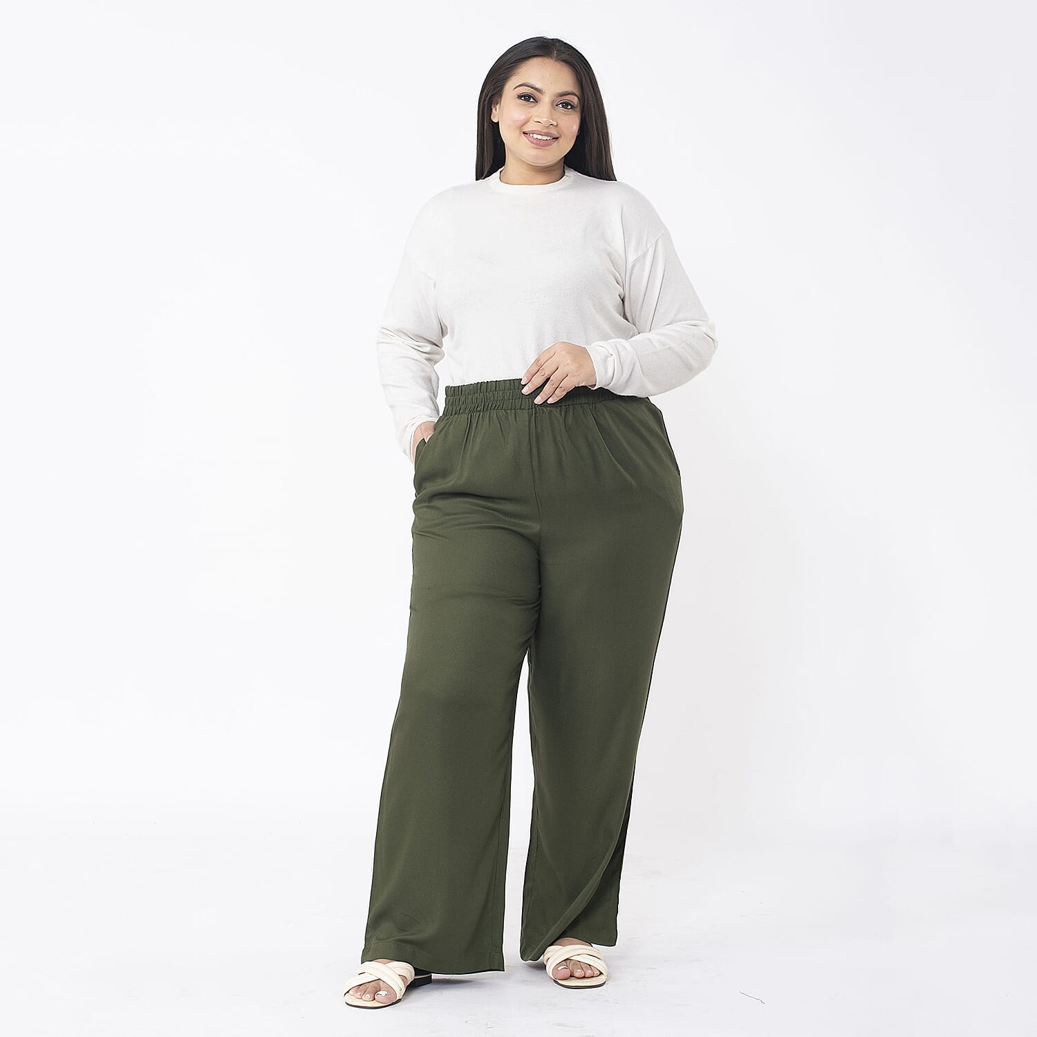 TAMSY 100% Viscose Solid Pant (Size M,12-14) - Khaki