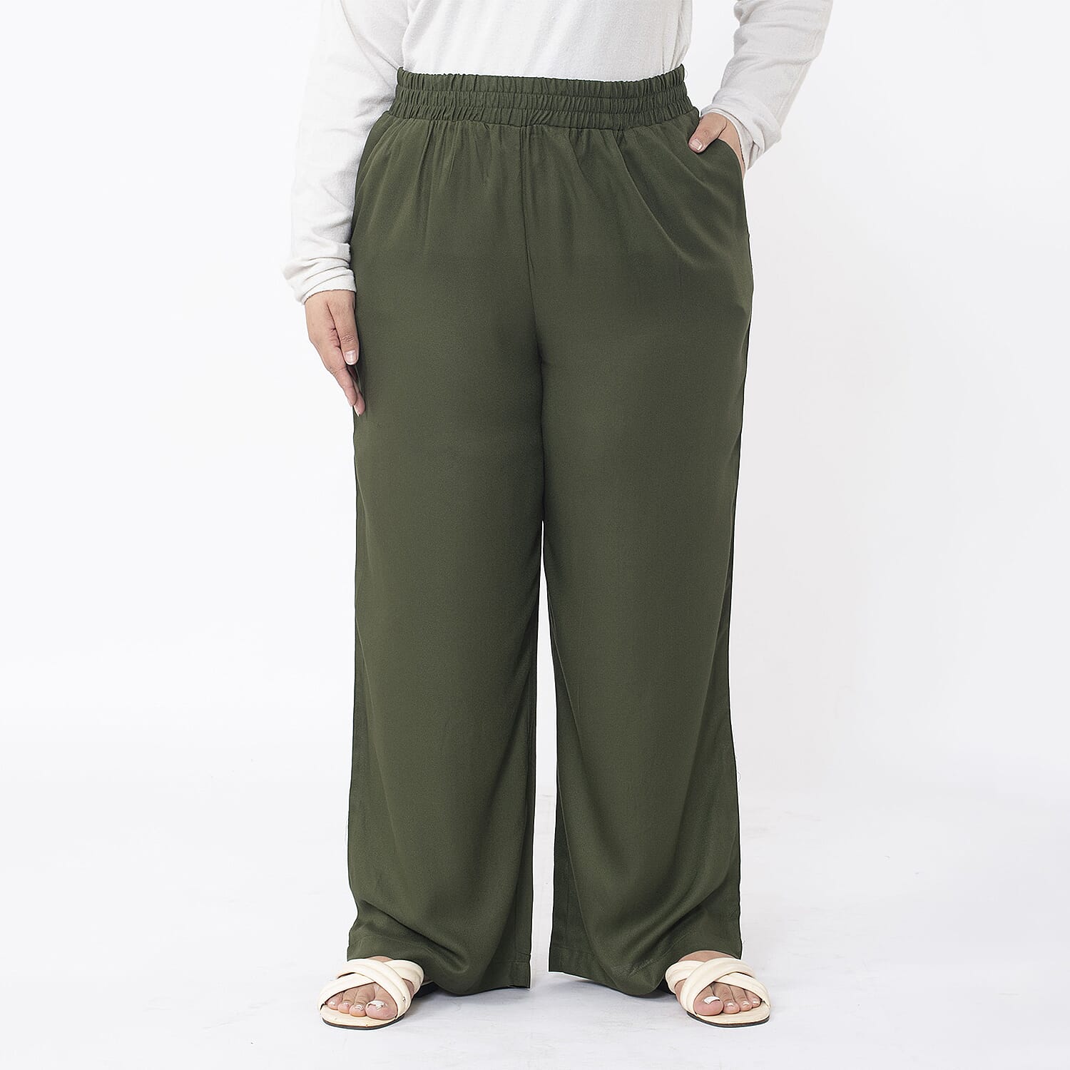 TAMSY 100% Viscose Solid Pant (Size M,12-14) - Khaki