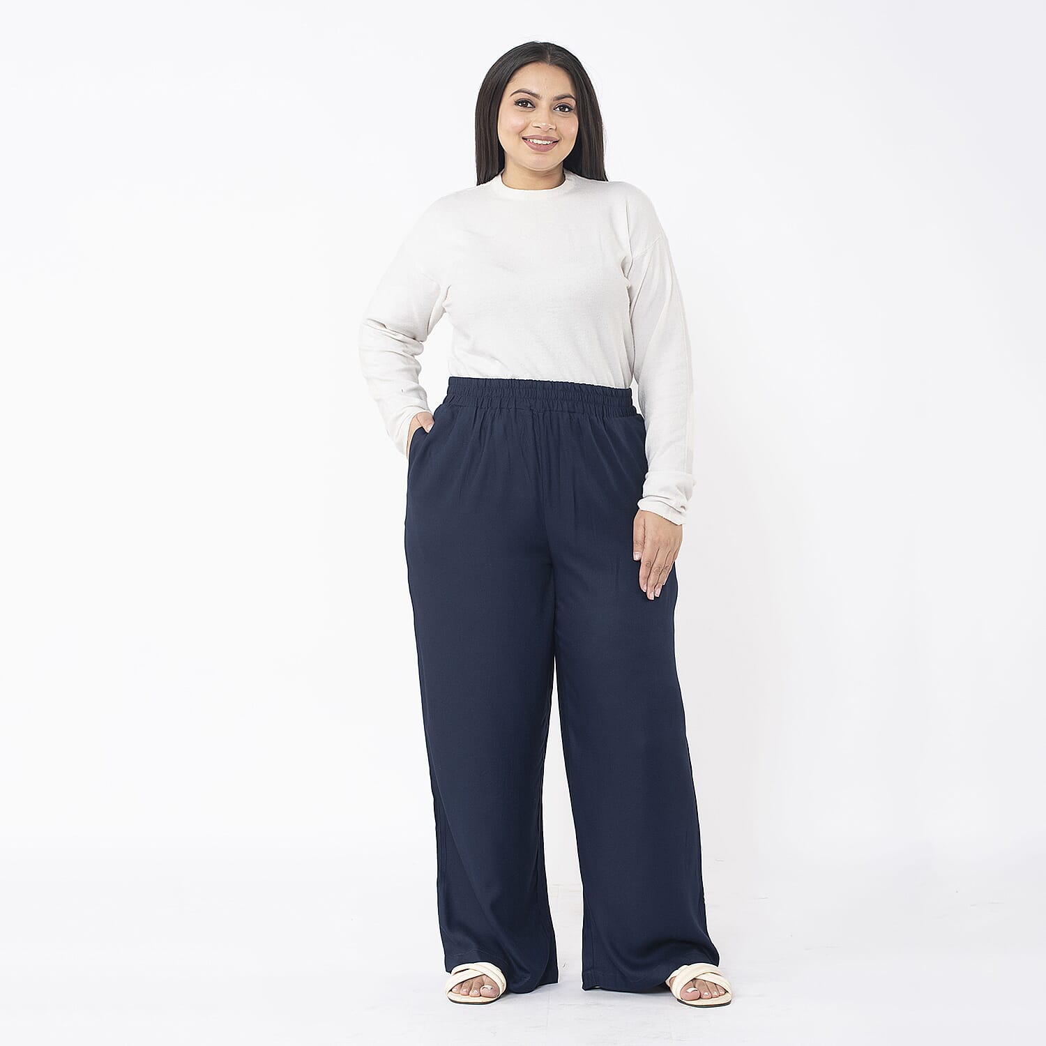 TAMSY 100% Viscose Solid Pant (Size M,12-14) - Navy