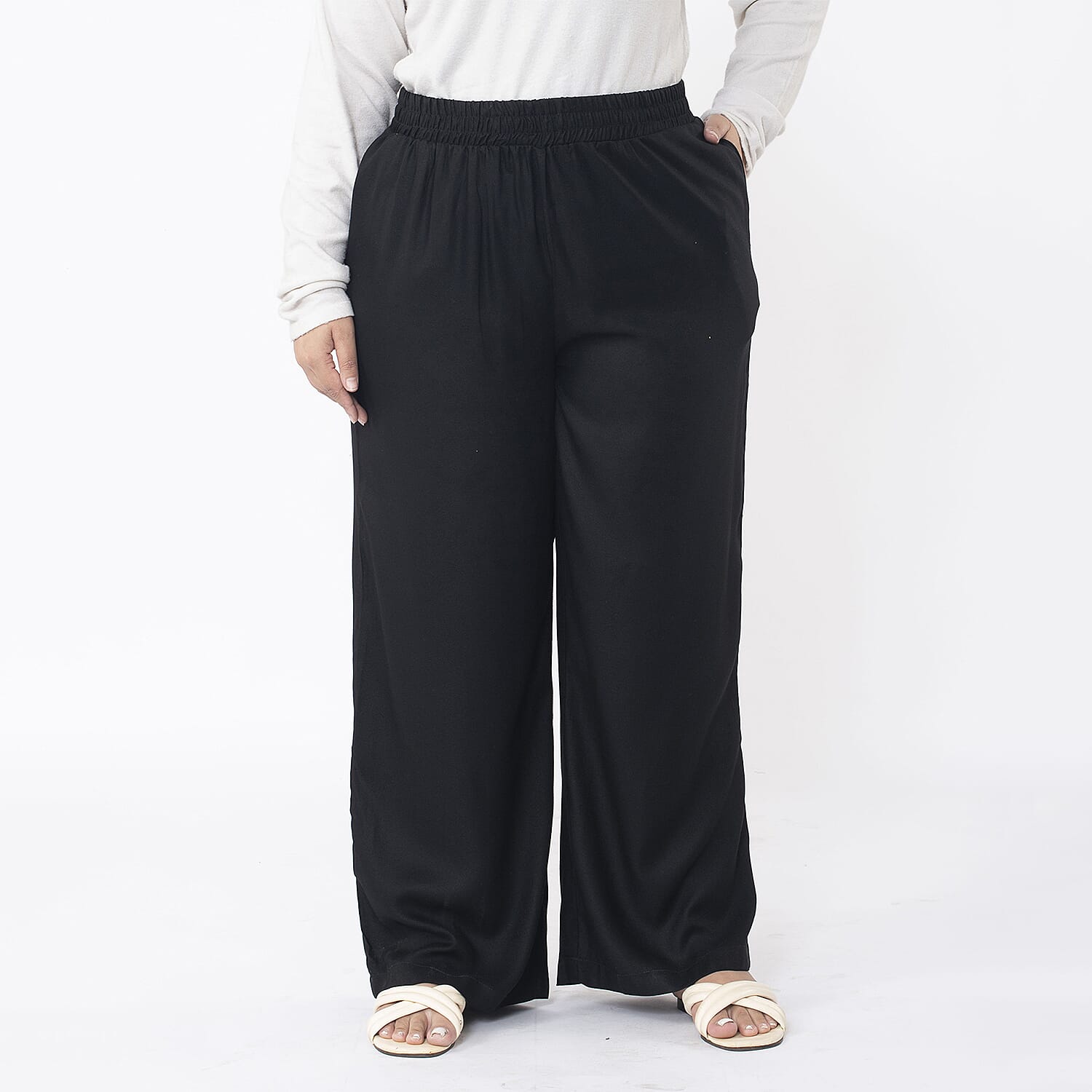 TAMSY 100% Viscose Solid Pant (Size L,16-18) - Black
