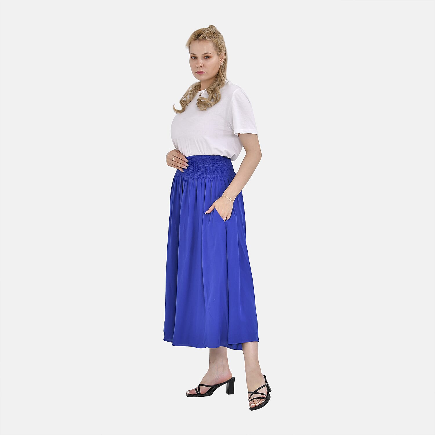 TAMSY 100% Viscose Smocked Waist Culotte (One Size Curve) - Blue