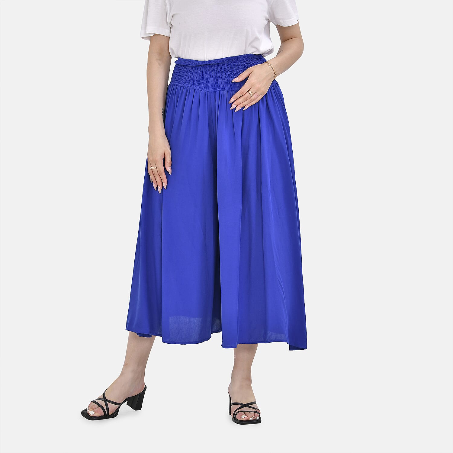 TAMSY 100% Viscose Smocked Waist Culotte (One Size Curve) - Blue